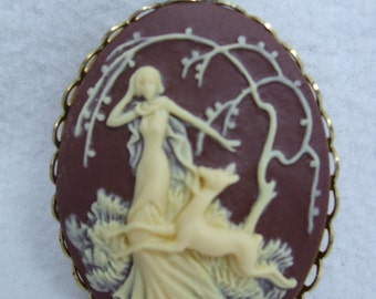 Vintage Cameo Pendant Mythological Goddess Diana The Huntress & Deer Cameos Cream over Brown Reproduction  Chain Included with Pendant