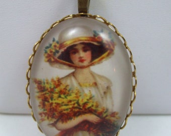 Vintage Cameo Necklace  Victorian Woman Cabochon Pendant Fabulous Acrylic Transferware Reproduction  Chain Included with Pendant