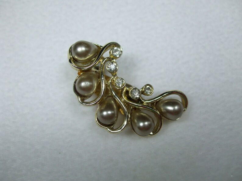 Vintage Sara Conventry bronze tone faux pearl crystal climbers Goldtone Earrings Signed-Honey Bunch