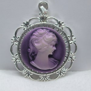 Grecian Lady Necklace Pendant-- Round Silver Plated Pendant Setting cameo Reproduction  Chain Included with Pendant