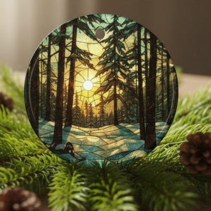 Faux Stained Glass Forest Christmas Ornament, Woodland Pine Tree Decor, Glossy Ceramic with Gold String