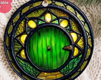 Enchanted Burrow Door Ornament | Halfling-Inspired Fantasy Cottage Decor | Whimsical Storybook Hole Door | Faux Stained Glass Ornament