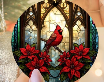 Memorial Cardinal Christmas Ornament, Faux Stained Glass Look, 3-Inch Double-Sided Ceramic Sympathy Keepsake