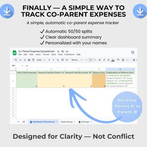 Co-Parent Expense Tracker Spreadsheet, Automatic 50/50 Split Budget (Digital File)