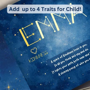 Puede incluir: Una impresi&oacute;n infantil personalizada con un fondo de cielo estrellado. El nombre "EMMA" se muestra en dorado, estilizado como una constelaci&oacute;n. La palabra "KINDNESS" est&aacute; debajo, y tambi&eacute;n se incluye texto sobre la bondad.