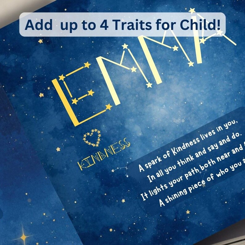 Puede incluir: Una impresi&oacute;n infantil personalizada con un fondo de cielo estrellado. El nombre "EMMA" se muestra en dorado, estilizado como una constelaci&oacute;n. La palabra "KINDNESS" est&aacute; debajo, y tambi&eacute;n se incluye texto sobre la bondad.
