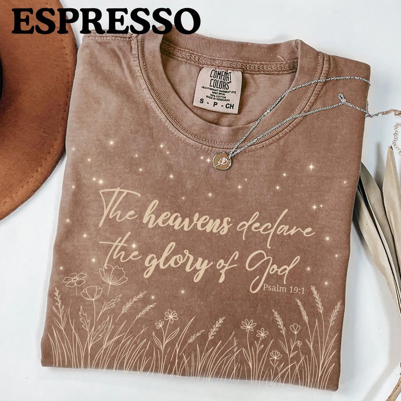 An espresso brown Comfort Colors t-shirt featuring a Psalm 19:1 celestial floral design, displayed alongside a brown hat and dried grass.