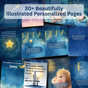 Puede incluir: Una colecci&oacute;n de p&aacute;ginas ilustradas personalizadas de un libro infantil. Las p&aacute;ginas presentan el nombre "Emma" en un tema de cielo estrellado, con ilustraciones de estrellas, un ni&ntilde;o y texto. La portada dice "30+ Beautifully Illustrated Personalized Pages."