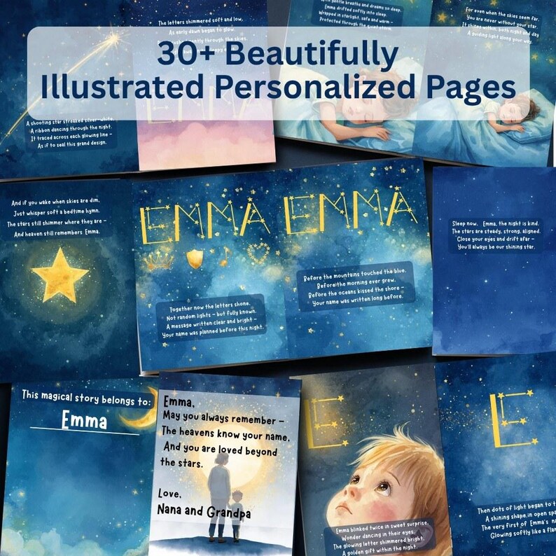 Puede incluir: Una colecci&oacute;n de p&aacute;ginas ilustradas personalizadas de un libro infantil. Las p&aacute;ginas presentan el nombre "Emma" en un tema de cielo estrellado, con ilustraciones de estrellas, un ni&ntilde;o y texto. La portada dice "30+ Beautifully Illustrated Personalized Pages."