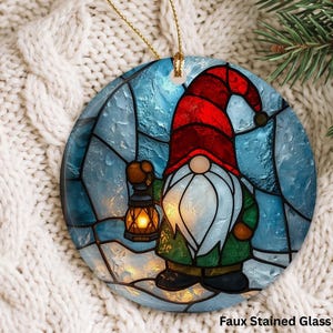 Faux Stained Glass Gnome Christmas Ornament, Blue Lantern Tree Decor, Double-Sided Ceramic Holiday