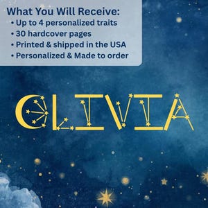 Puede incluir: Un fondo azul marino con el nombre "OLIVIA" en oro, estilizado con constelaciones de estrellas. La imagen tambi&eacute;n incluye texto que detalla caracter&iacute;sticas como rasgos personalizados y p&aacute;ginas de tapa dura.