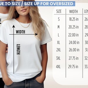 A sizing chart next to a person wearing a plain white t-shirt with width and length measurement overlays.