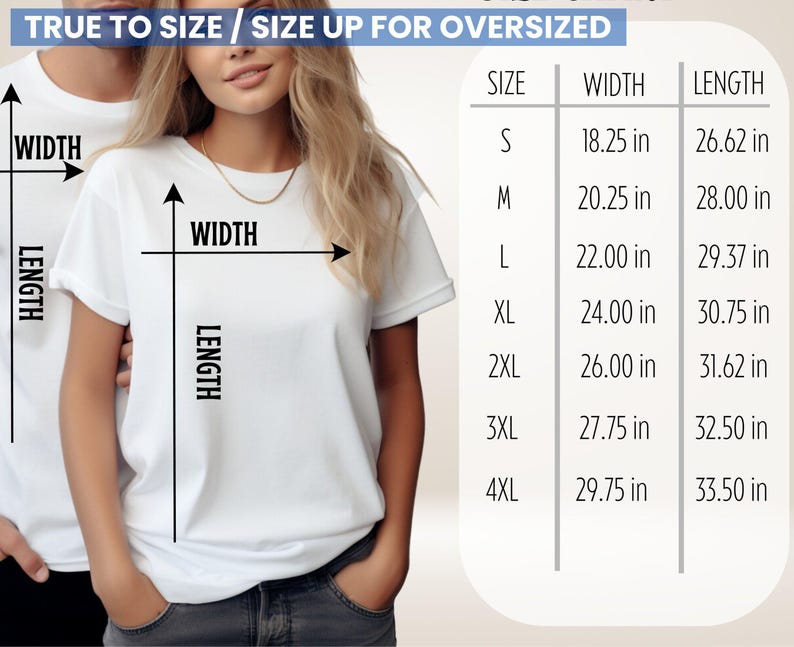 A sizing chart next to a person wearing a plain white t-shirt with width and length measurement overlays.