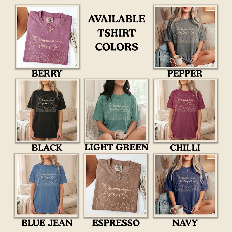 A color chart collage displaying nine different t-shirt options in various shades with a matching celestial floral design.