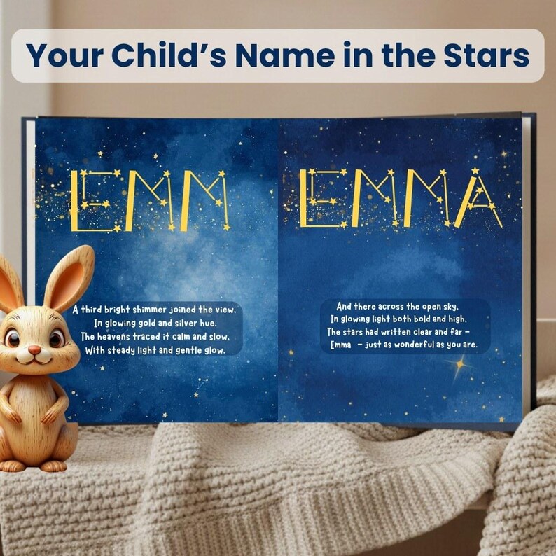 Puede incluir: Un libro infantil personalizado con los nombres "EMM" y "EMMA" en letras doradas en forma de estrella sobre un fondo azul oscuro estrellado. Un conejito de peluche est&aacute; sobre una manta texturizada.