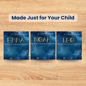 Puede incluir: Tres libros infantiles personalizados con los nombres Emma, Noah y Leo en las portadas. Cada libro presenta un dise&ntilde;o de cielo nocturno estrellado azul oscuro con letras doradas. El texto "Made Just for Your Child" est&aacute; en la parte superior.
