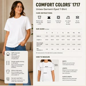 A product infographic for a Comfort Colors 1717 unisex t-shirt, showing size guides, care instructions, and measurement diagrams.
