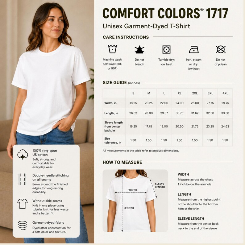 A product infographic for a Comfort Colors 1717 unisex t-shirt, showing size guides, care instructions, and measurement diagrams.