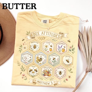 Christian Bee Shirt, Bee Attitudes Beatitudes Tee, Watercolor Wildflower Faith Shirt, Cottagecore Gift for Her