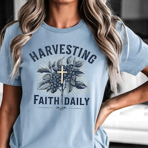 Blueberry Cross Tee, Distressed Cotton Christian Farmhouse Faith Design