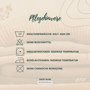May include: Care instructions graphic with symbols and text. Includes washing instructions: machine wash cold, max 30C, no bleach, tumble dry low, iron/steam low, no dry cleaning. Shop now @FLOKAthebrand.