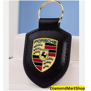 Porsche Crest Keyring Key Chain Leather Black Exquisite Set Gift Box