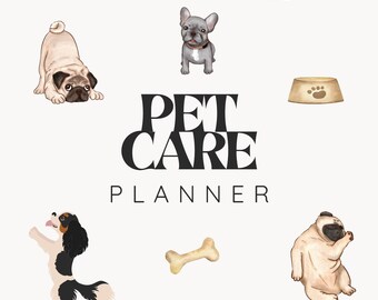 May include: A planner with the text "PET CARE PLANNER" in black text. The planner is surrounded by illustrations of dogs, a dog bed, a dog bowl, and a bone.