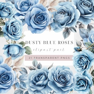Beautiful dusty blue watercolour roses clip art pack, digital art, rose, birthday party, paper craft, gift, scrapbook, junk journals,sticker