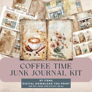 Coffee Time Junk Journal MegaKit 97 pieces printable papers, tags, ephemera, pockets, paper craft, collage sheet, printable digital download
