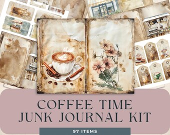 Coffee Time Junk Journal MegaKit 97 pieces printable papers, tags, ephemera, pockets, paper craft, collage sheet, printable digital download