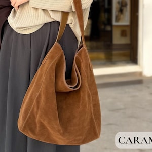 Große faltbare Tragetaschen aus Leder | Wildleder Schultertasche | Design für den Alltag tragen | Einkaufstaschen und Slouchy Taschen | Minimalistische Reisetaschen