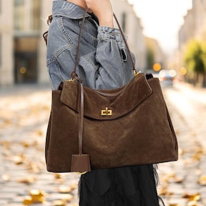 Wildleder-Einkaufstasche, weiche Wildleder-Umhängetasche, Handtasche im Slouchy-Stil, minimalistische Unterarmtasche, große Pendlertasche für Frauen