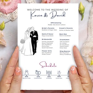 May include: A white wedding program with a black and white illustration of a couple. The program includes the names Karen & David, the officiant, the bridal party, and a schedule of events.