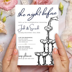 The Night Before Wedding Rehearsal Dinner Invitation, Minimalist Rehearsal Party Invite,  Illustrated Champagne Tower Editable Template