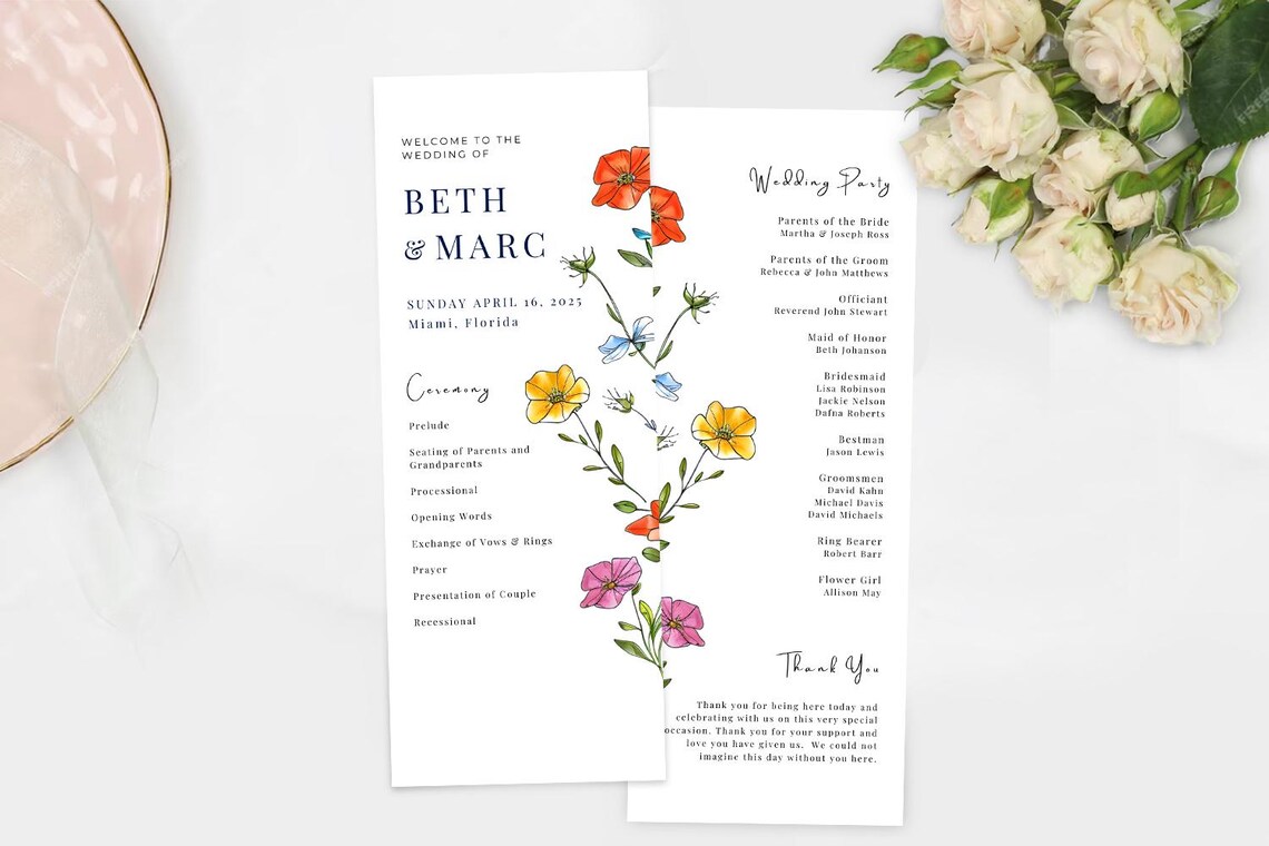 Wildflower Program Template, Garden Wedding Day Timeline, Wildflower ...