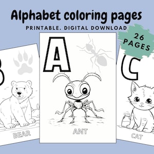Hojas para colorear del alfabeto educativas y divertidas: descarga instantánea en PDF para niños. Páginas imprimibles para colorear de animales del alfabeto.