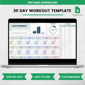 30 Day Workout Template, Editable Fitness Tracker Google Sheets, Digital Planner, Gym & Home Workout Log, Exercise Schedule Printable