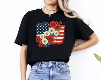 Floral American Flag T-Shirt, Boho 4th Of July Shirt, USA Flag Flowers Shirt, Patriotic Shirt, Freedom Tee, Memorial Day Shirt