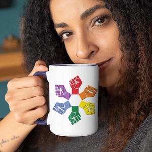 Rainbow Fist Pride Mug | LGBTQ+ Coffee Cup | Queer Power Symbol | Gay Pride Gift | Equality Drinkware | Colorful Protest Mug