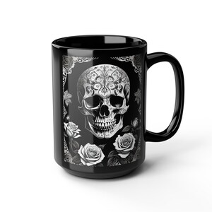 Gothic Skull Rose Mug, 15oz Black Coffee Cup for Halloween, Day of the Dead, Spooky Floral Gift, Vintage Gothic Kitchen Decor