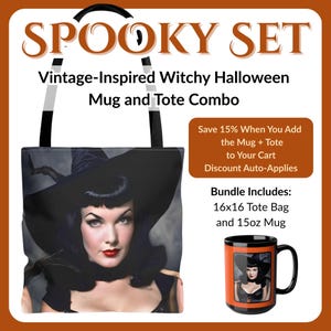 Halloween-mok + draagtas cadeauset - vintage heks halloween-draagtas – retro Witchcore-cadeau voor haar, griezelige goth-tas, Trick or Treat-draagtas