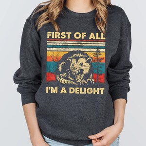 Könnte beinhalten: Dunkelgraues Sweatshirt mit einem Vintage-Motiv eines Opossums und dem Text "FIRST OF ALL I'M A DELIGHT". Das Opossum wird mit offenem Mund vor einem Retro-Design mit bunten Streifen dargestellt.