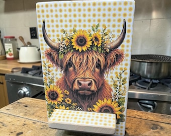 Highland Cow Tablet Holder - Wood Cookbook Stand, Decorative Sunflower Recipe Holder