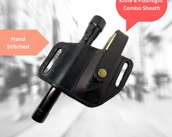 Funda de cuero hecha a mano para cuchillo y linterna, regalo para el Día del Padre, accesorio para cinturón de herramientas duradero y artesanal, soporte para cuchillo y linterna