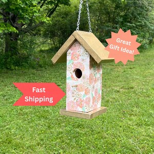 Summer Handmade Garden Decor Gold Floral Birdhouse, Unique Father&#39;s Day Gift, Wooden Hanging Nesting Box, Beautiful Decoupage Yard Art