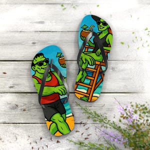 Summerween Fun Monster-Themed Flip Flops, Vibrant Summer Sandals, Beach Accessories, Poolside Gift for Halloween Lovers, Vacation Footwear