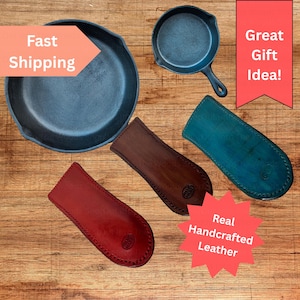 Fundas para mangos de sartén, hechas a mano en cuero, resistentes al calor, de hierro fundido rústico, ideal como regalo para cocineros.