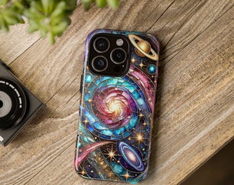 Galaxy swirl Stained Glass Phone Case Cosmic iPhone Case Stained Glass Affect Cover Celestial Mosaic Phone Case Space Planets Stars Moon