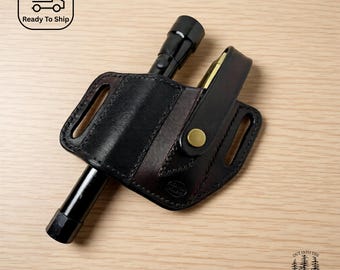 Funda de cuero hecha a mano para cuchillo y linterna, accesorio para cinturón de herramientas.