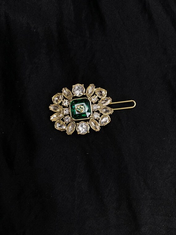 Gucci Green Crystal Hair Clip With Gold Finish Vintage Luxury